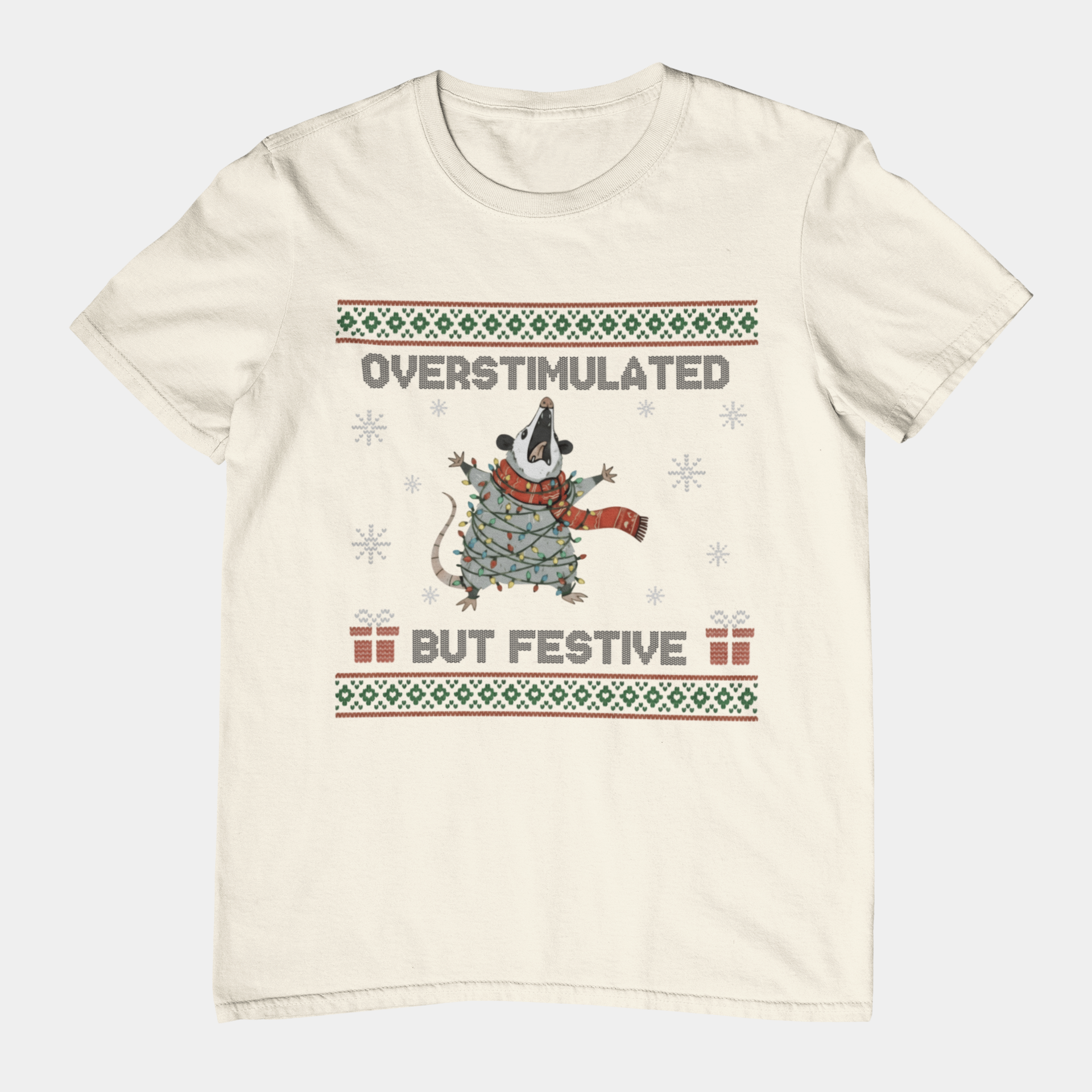 T-Shirt Overstimulated But Festive - Ugly Christmas Sweater Shirt Opossum