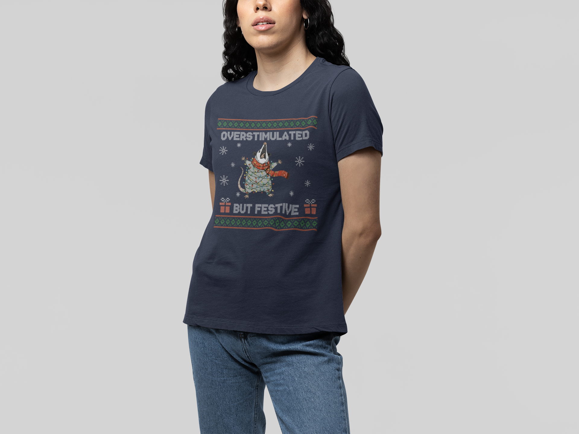 T-Shirt Overstimulated But Festive - Ugly Christmas Sweater Shirt Opossum