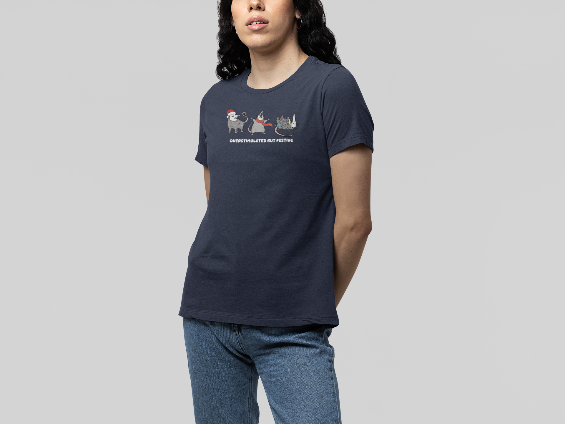 T-Shirt Overstimulated but Festive - Funny Introvert Christmas Shirt Opossum