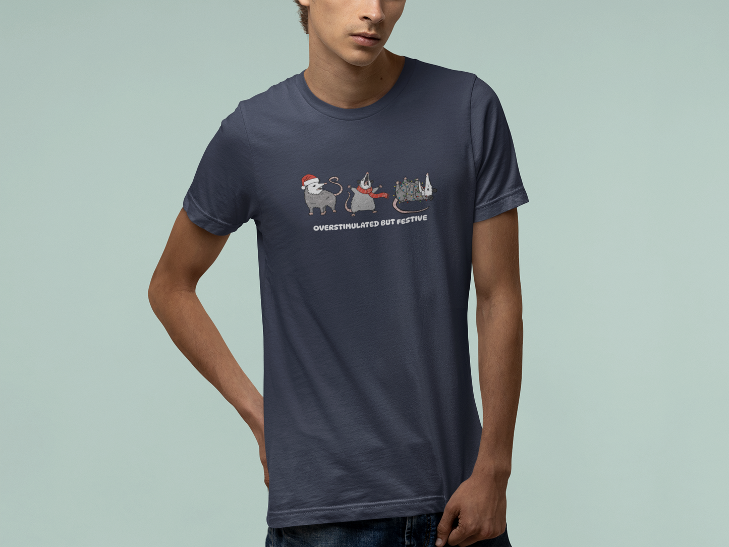T-Shirt Overstimulated but Festive - Funny Introvert Christmas Shirt Opossum