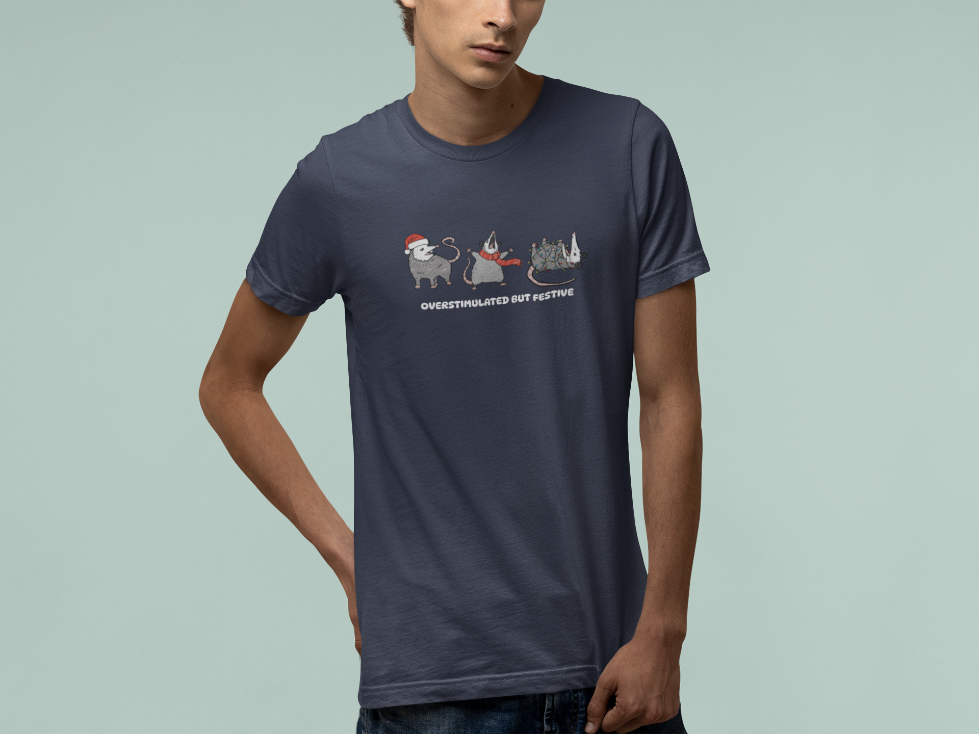 T-Shirt Overstimulated but Festive - Funny Introvert Christmas Shirt Opossum