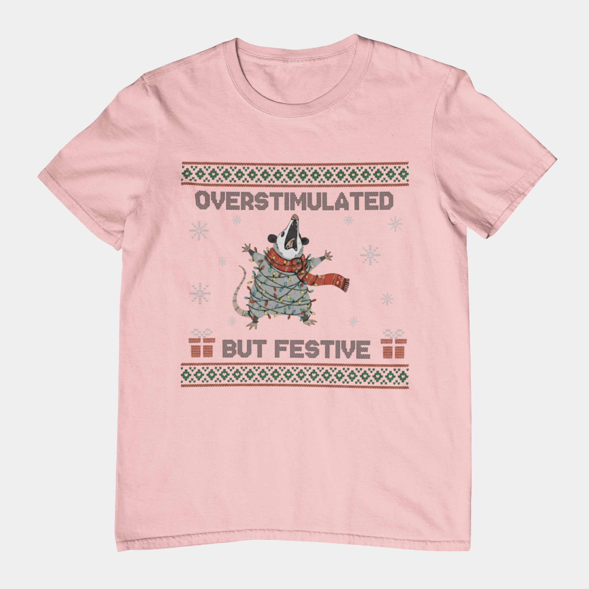 T-Shirt Overstimulated But Festive - Ugly Christmas Sweater Shirt Opossum