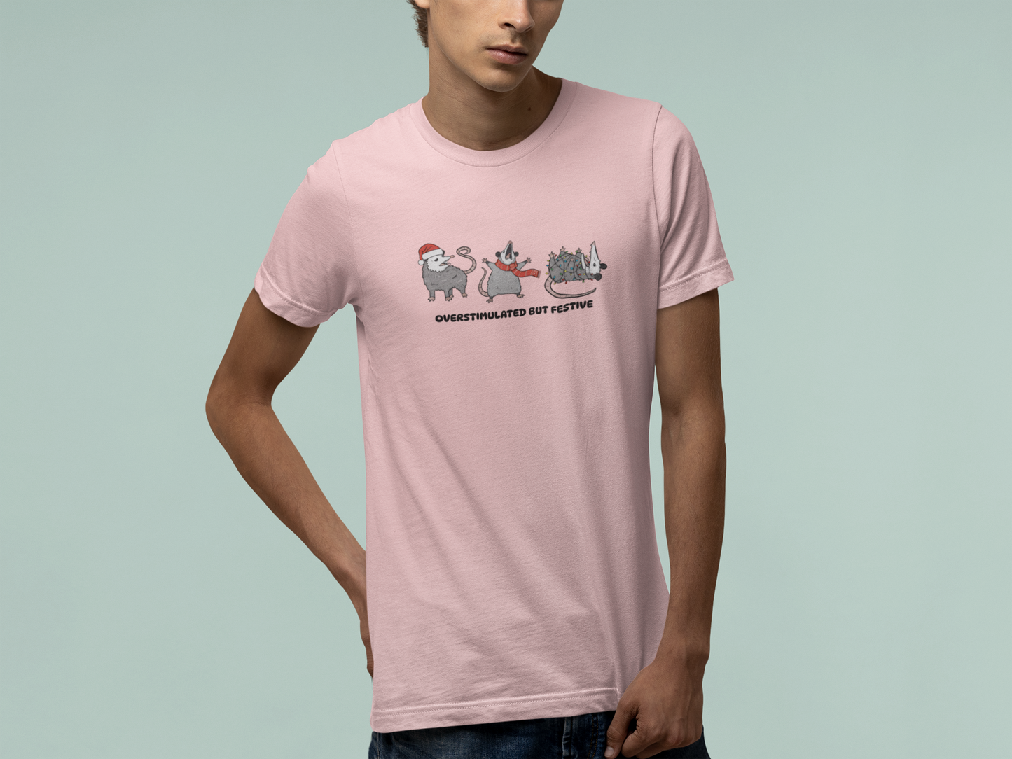 T-Shirt Overstimulated but Festive - Funny Introvert Christmas Shirt Opossum