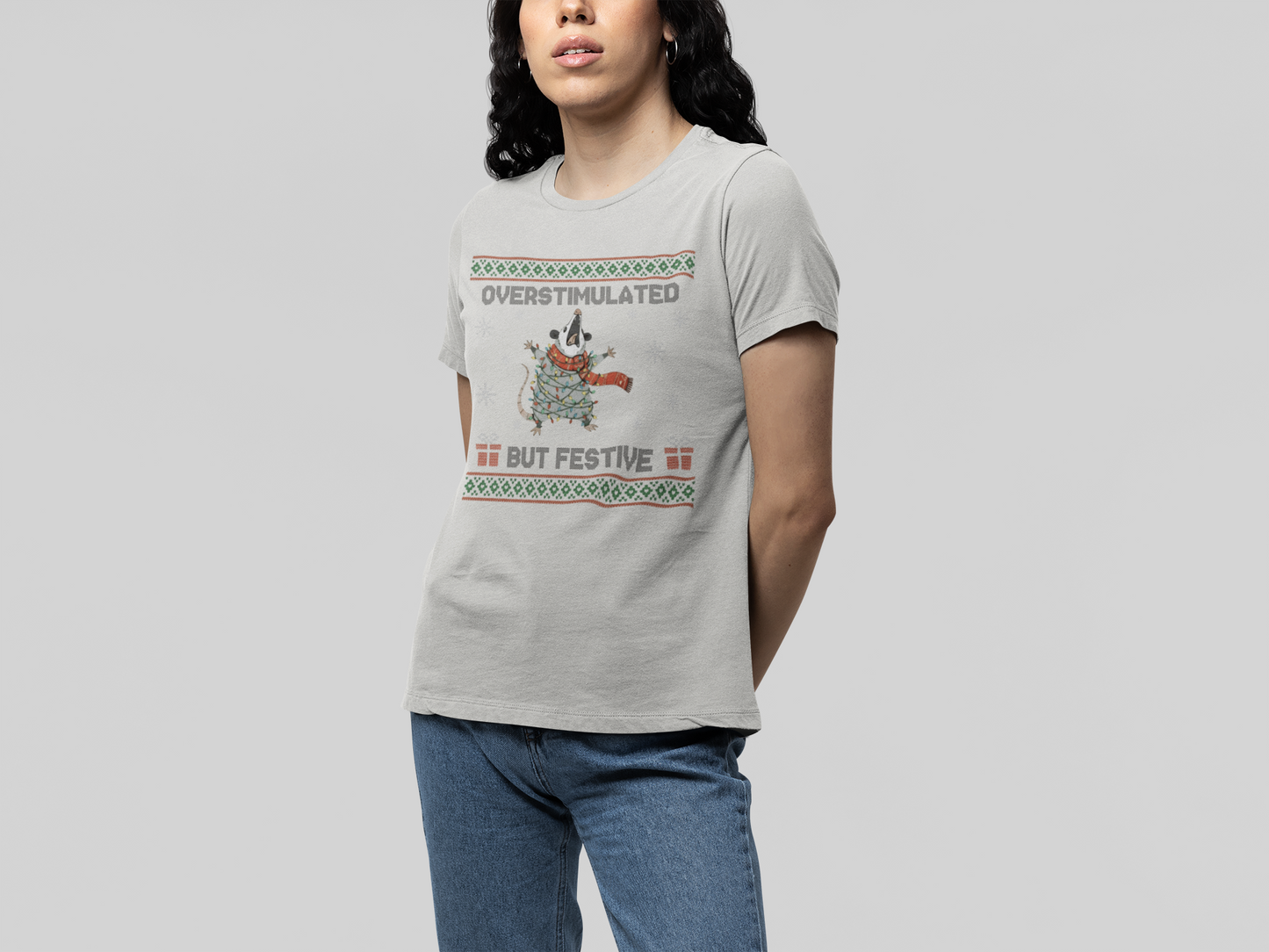 T-Shirt Overstimulated But Festive - Ugly Christmas Sweater Shirt Opossum