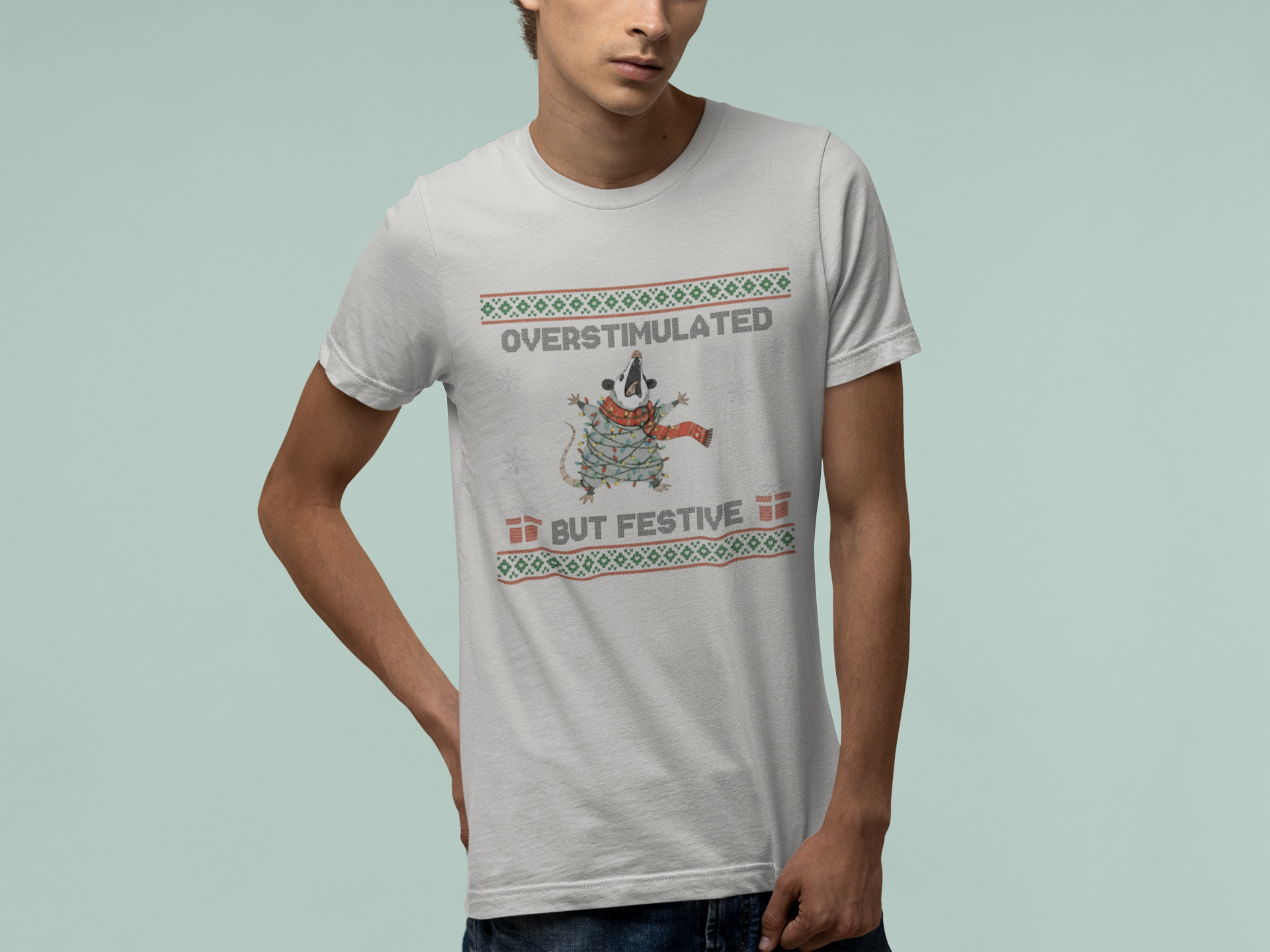T-Shirt Overstimulated But Festive - Ugly Christmas Sweater Shirt Opossum