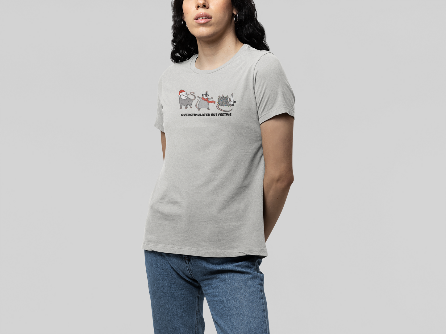 T-Shirt Overstimulated but Festive - Funny Introvert Christmas Shirt Opossum