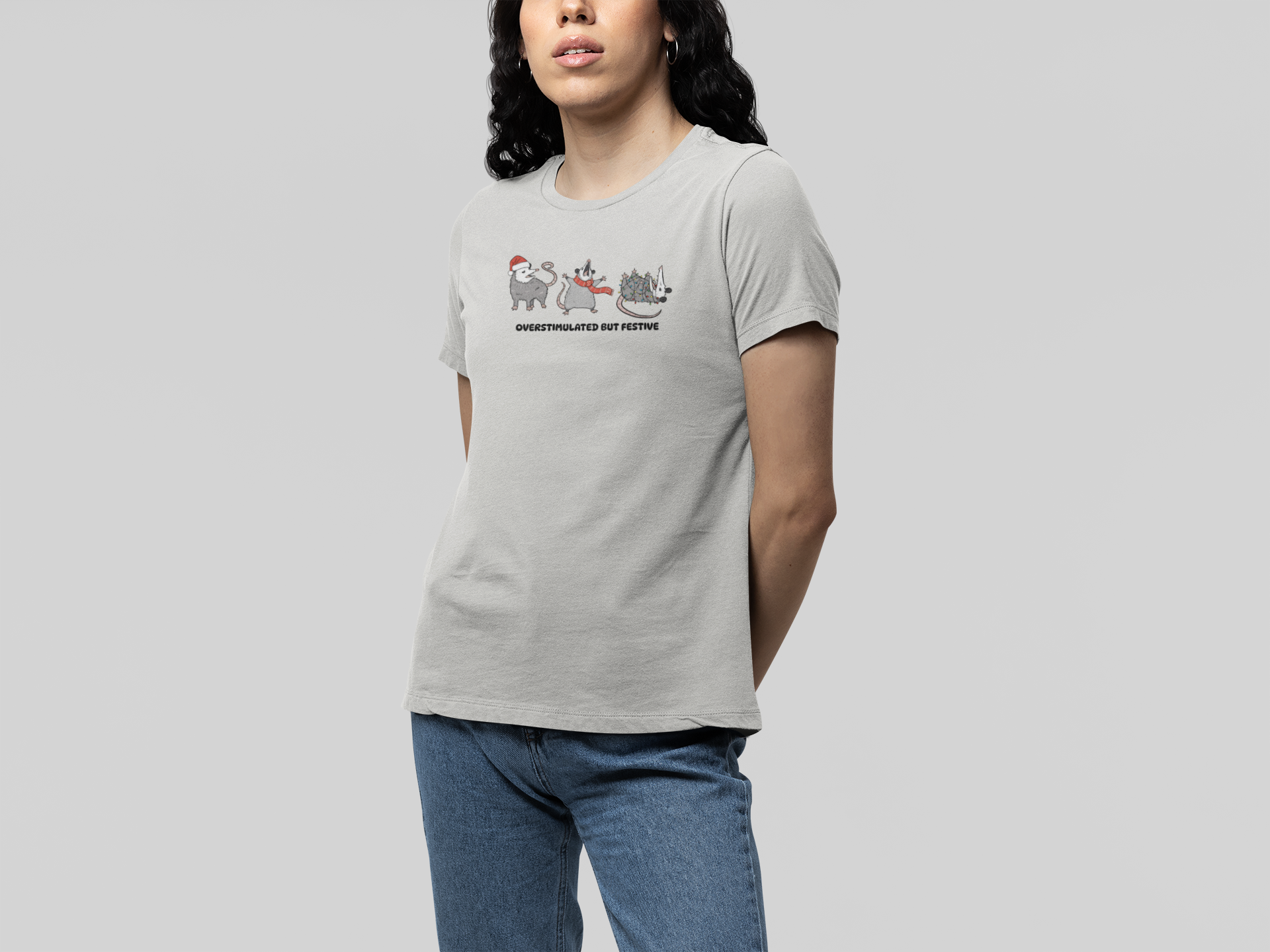 T-Shirt Overstimulated but Festive - Funny Introvert Christmas Shirt Opossum