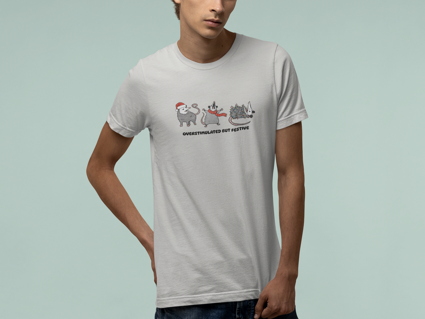 T-Shirt Overstimulated but Festive - Funny Introvert Christmas Shirt Opossum
