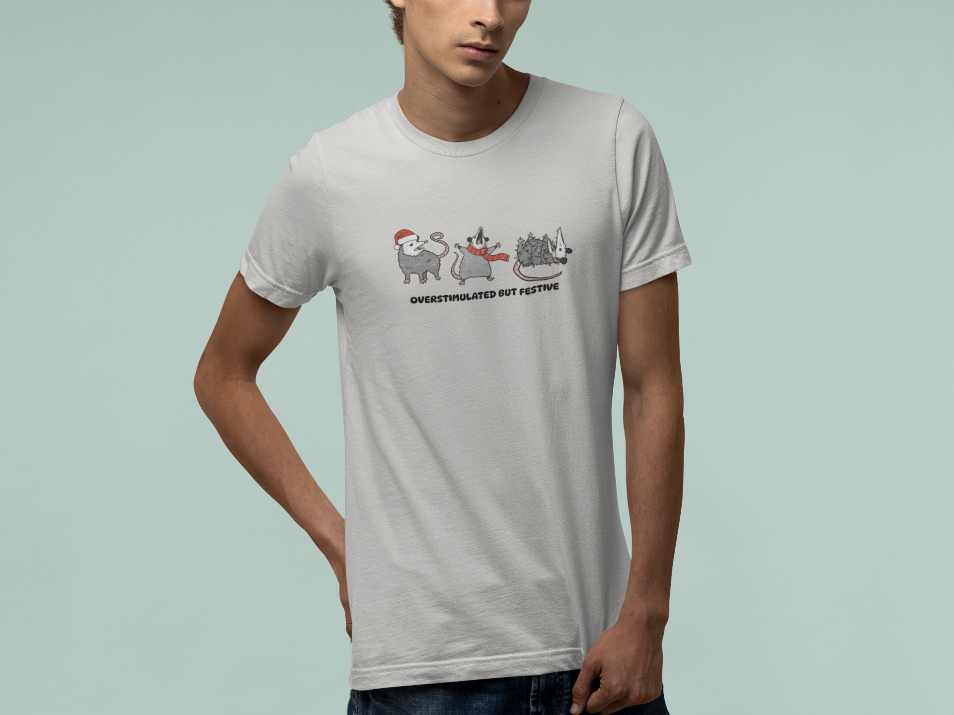 T-Shirt Overstimulated but Festive - Funny Introvert Christmas Shirt Opossum