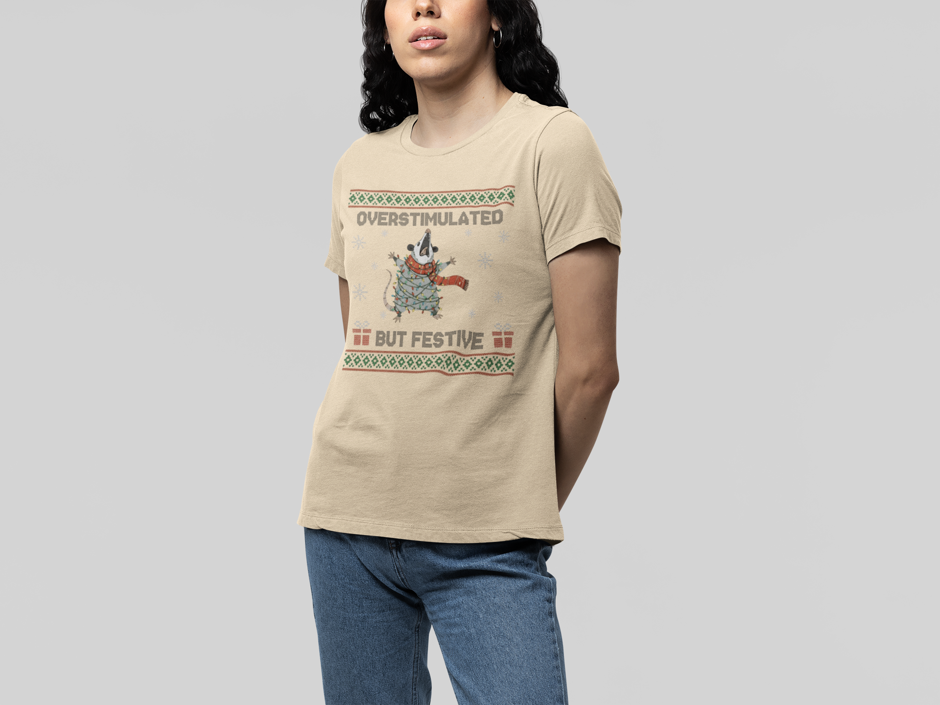 T-Shirt Overstimulated But Festive - Ugly Christmas Sweater Shirt Opossum