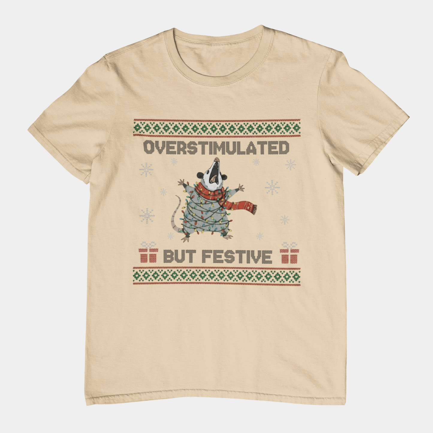 T-Shirt Overstimulated But Festive - Ugly Christmas Sweater Shirt Opossum