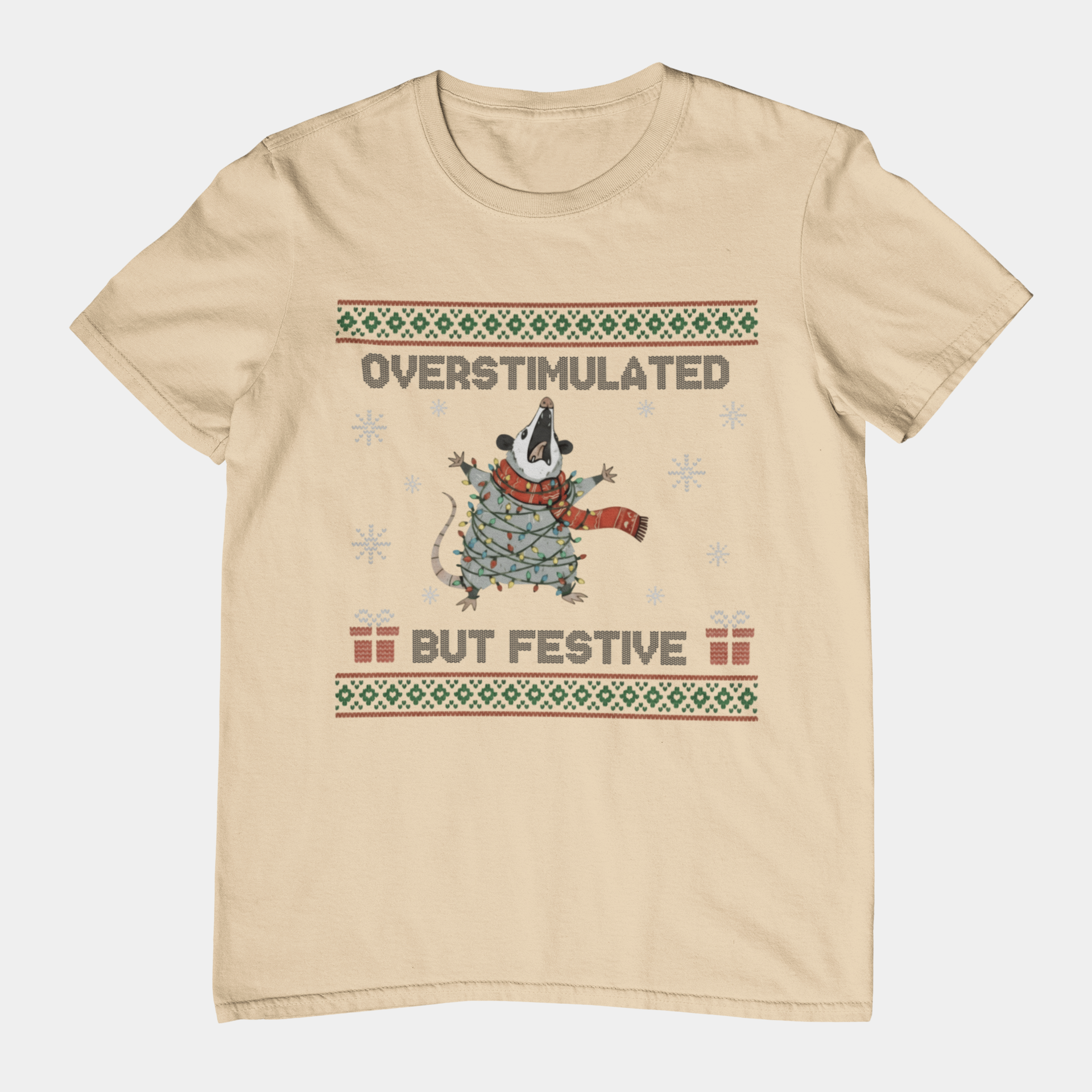T-Shirt Overstimulated But Festive - Ugly Christmas Sweater Shirt Opossum