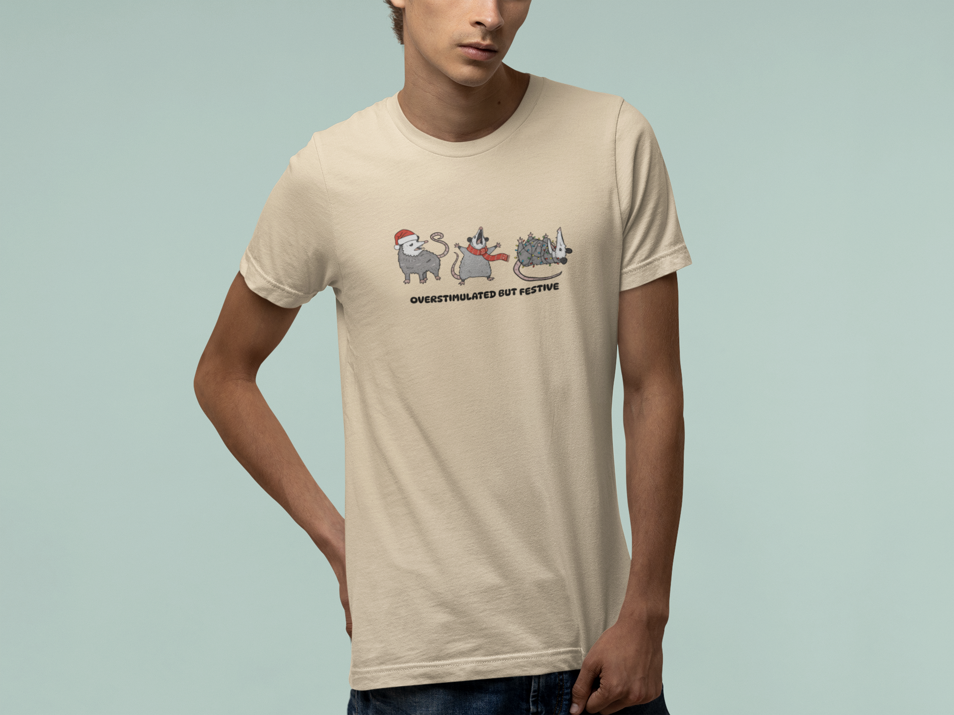 T-Shirt Overstimulated but Festive - Funny Introvert Christmas Shirt Opossum