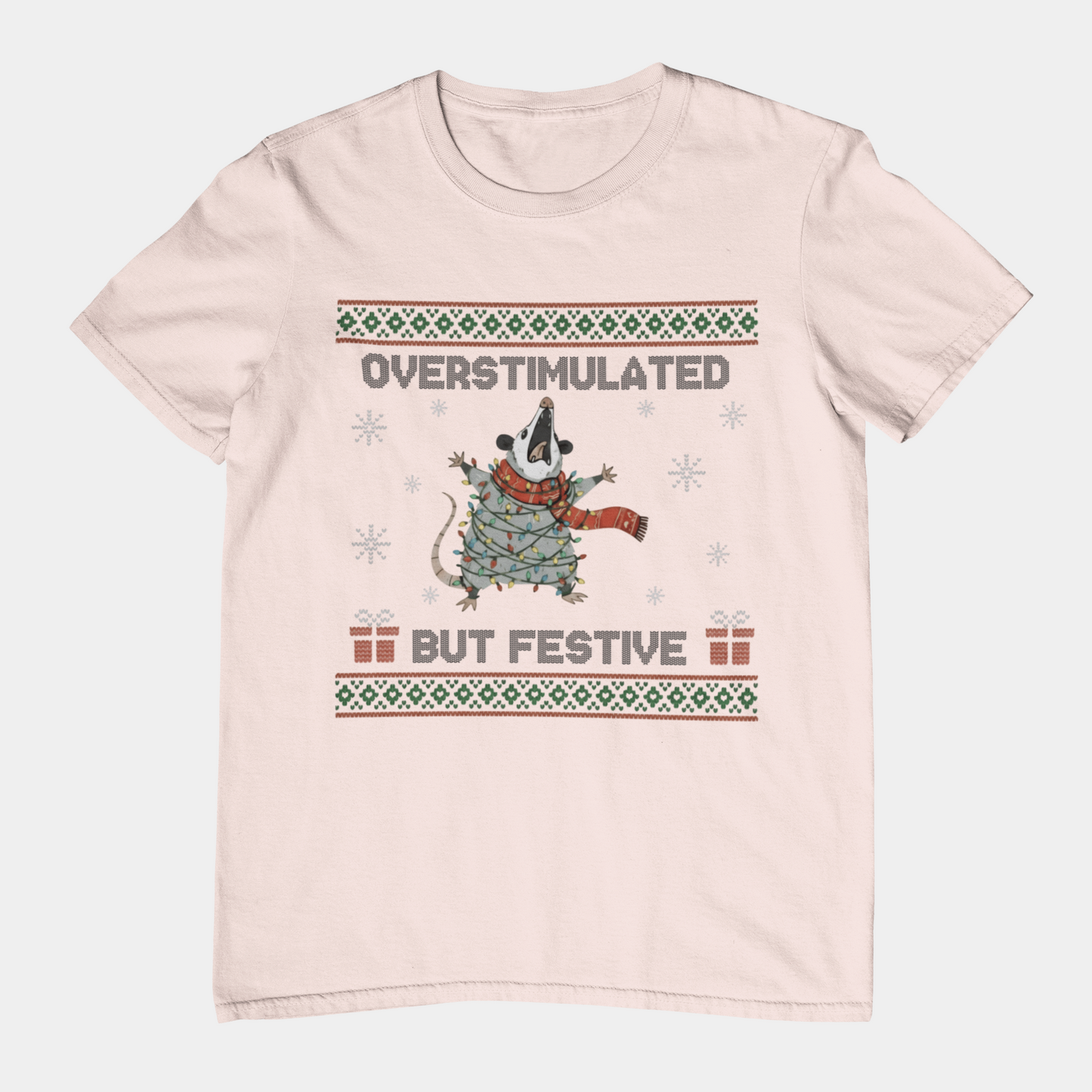 T-Shirt Overstimulated But Festive - Ugly Christmas Sweater Shirt Opossum