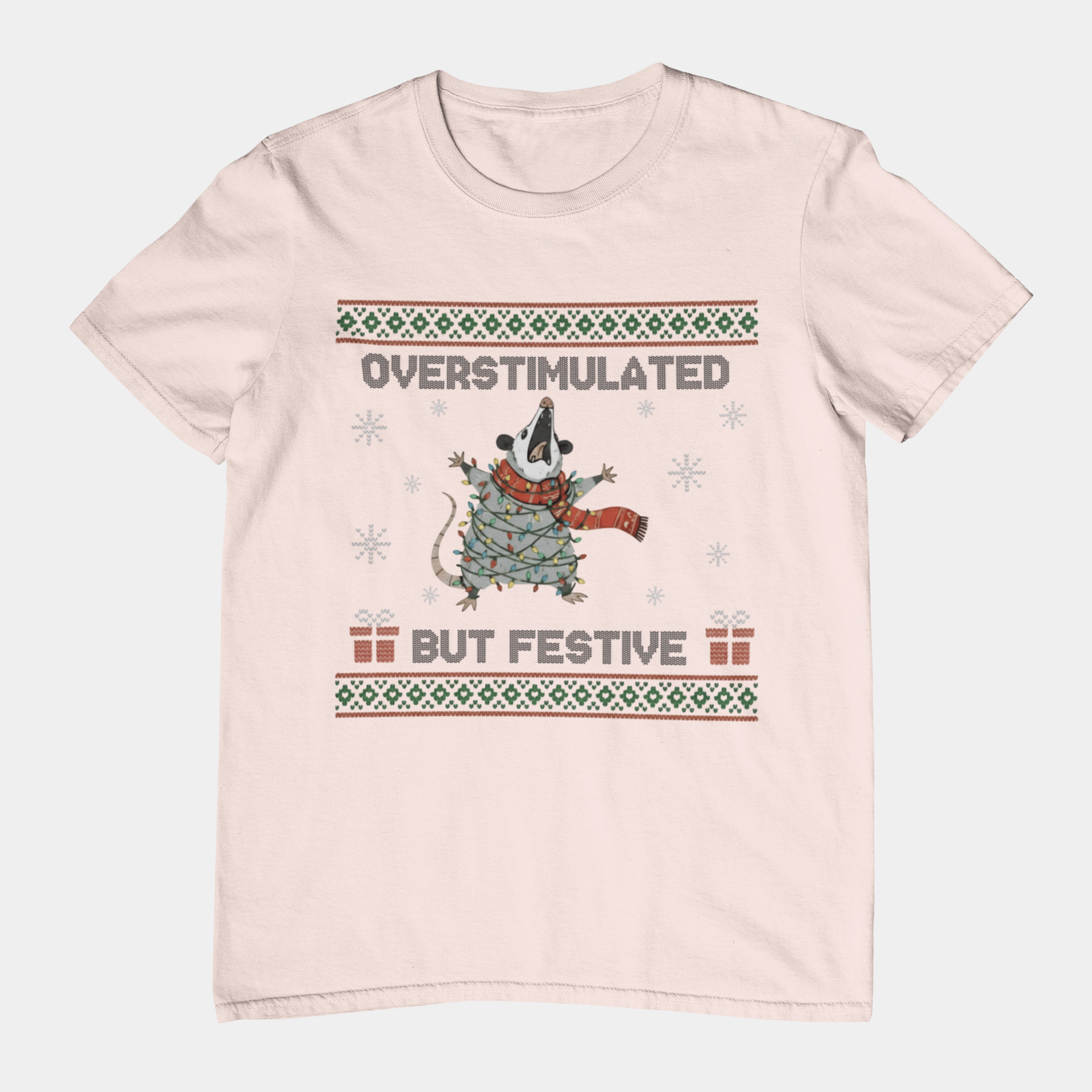 T-Shirt Overstimulated But Festive - Ugly Christmas Sweater Shirt Opossum