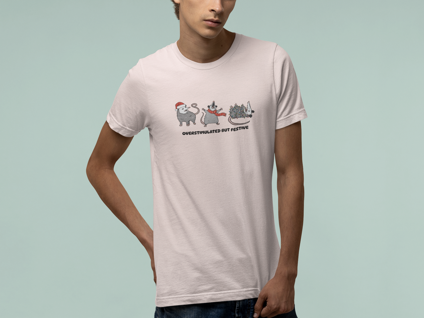 T-Shirt Overstimulated but Festive - Funny Introvert Christmas Shirt Opossum