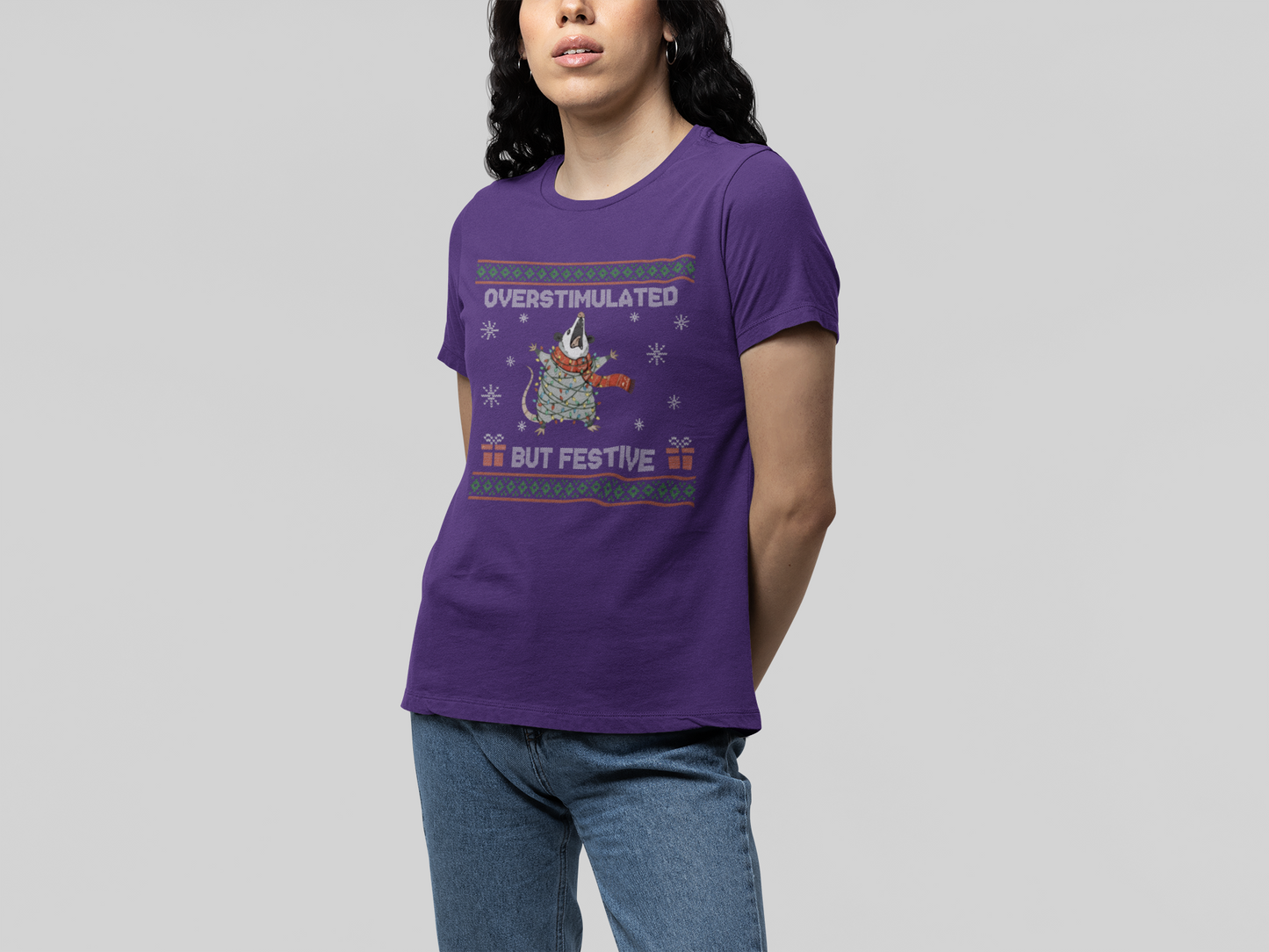 T-Shirt Overstimulated But Festive - Ugly Christmas Sweater Shirt Opossum
