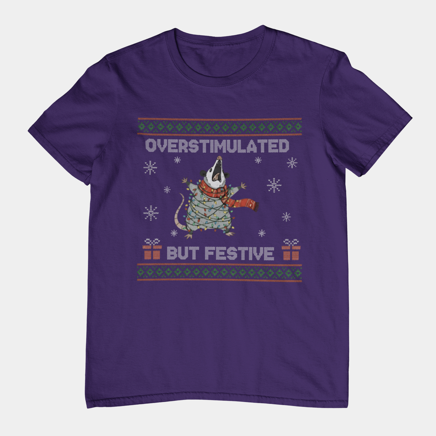 T-Shirt Overstimulated But Festive - Ugly Christmas Sweater Shirt Opossum