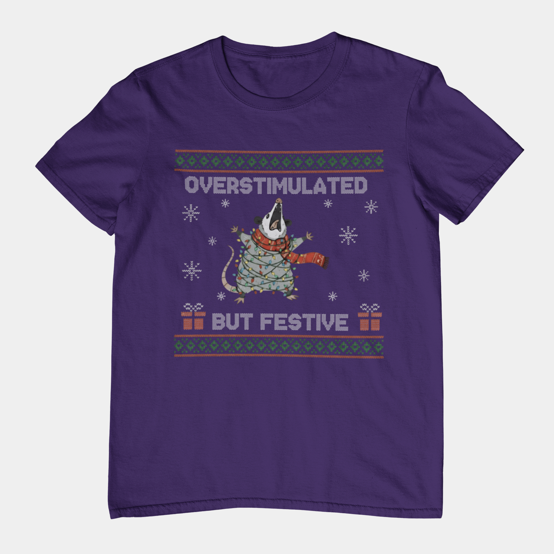 T-Shirt Overstimulated But Festive - Ugly Christmas Sweater Shirt Opossum