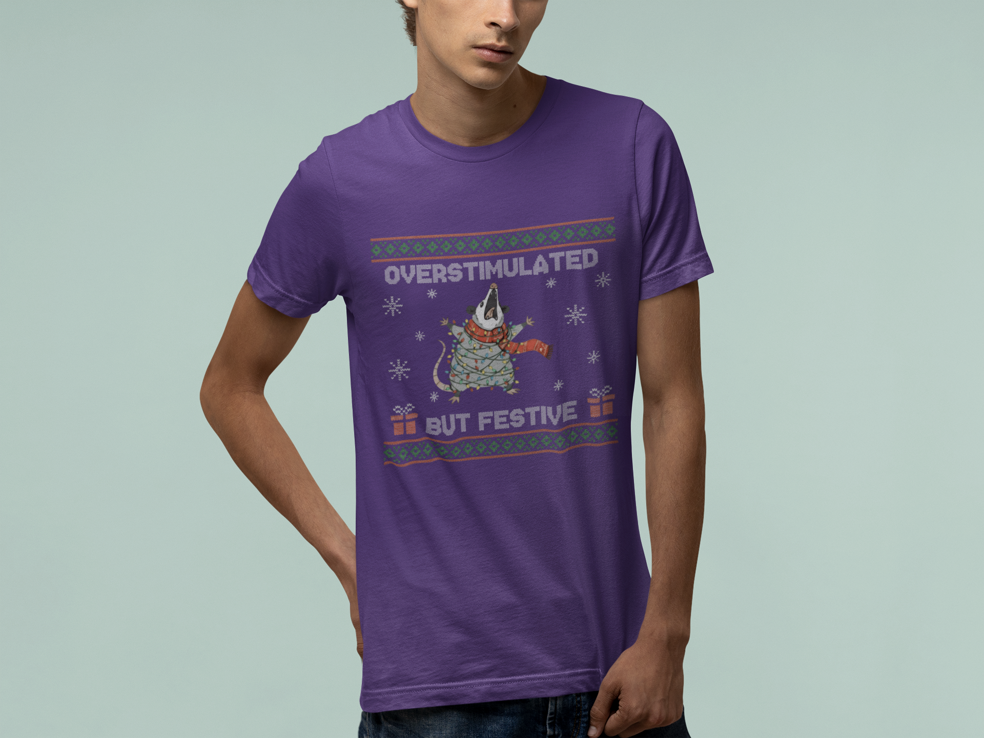 T-Shirt Overstimulated But Festive - Ugly Christmas Sweater Shirt Opossum