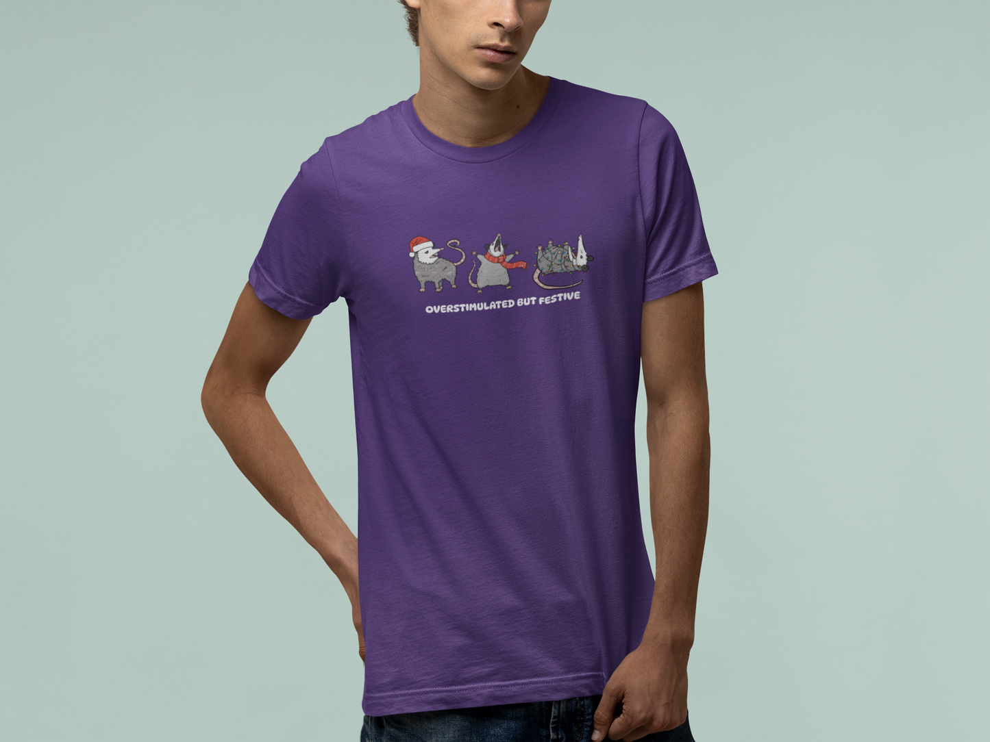 T-Shirt Overstimulated but Festive - Funny Introvert Christmas Shirt Opossum