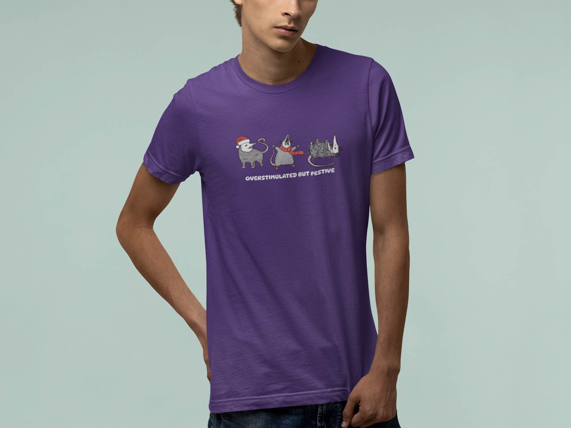 T-Shirt Overstimulated but Festive - Funny Introvert Christmas Shirt Opossum