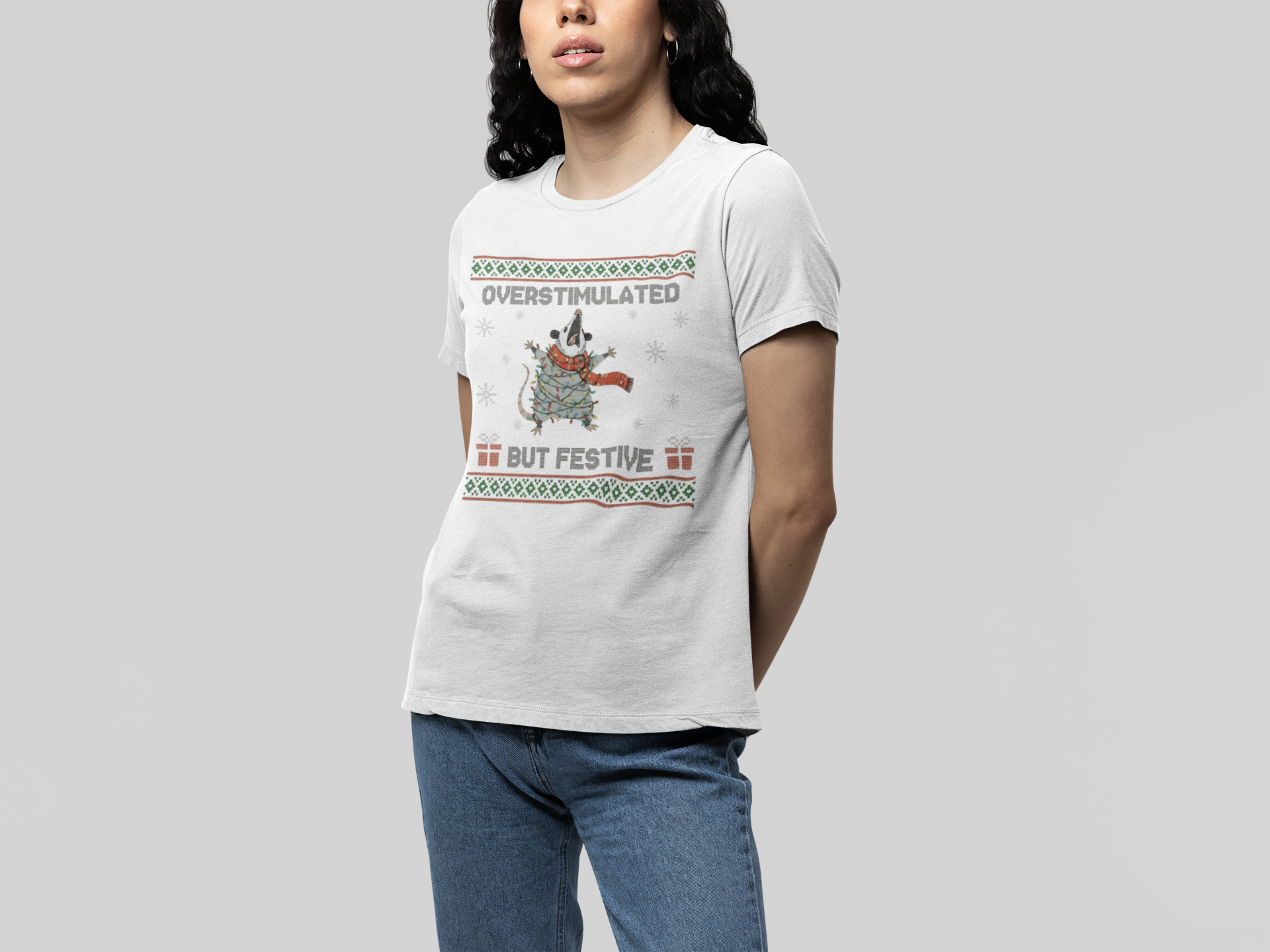 T-Shirt Overstimulated But Festive - Ugly Christmas Sweater Shirt Opossum