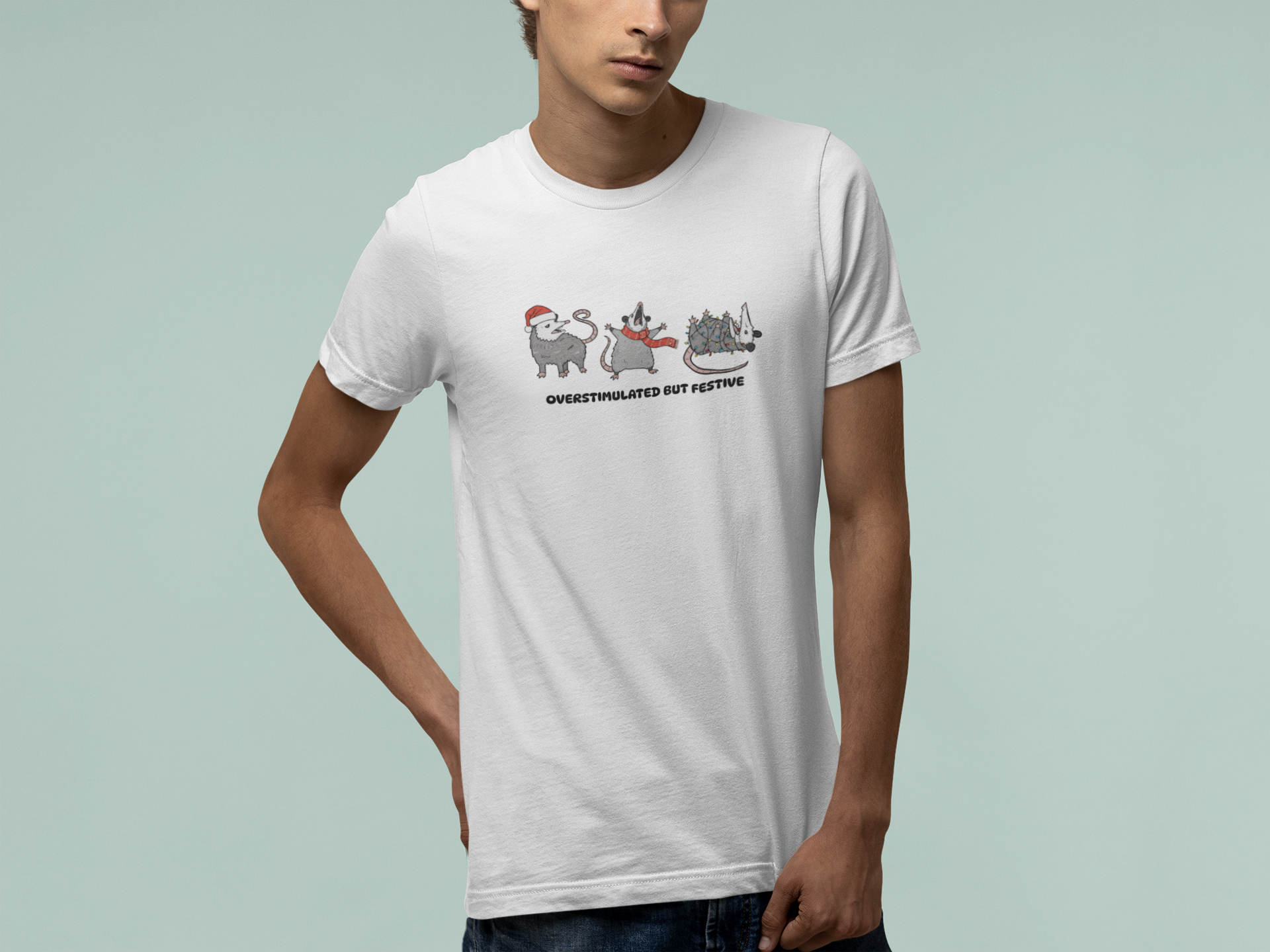 T-Shirt Overstimulated but Festive - Funny Introvert Christmas Shirt Opossum